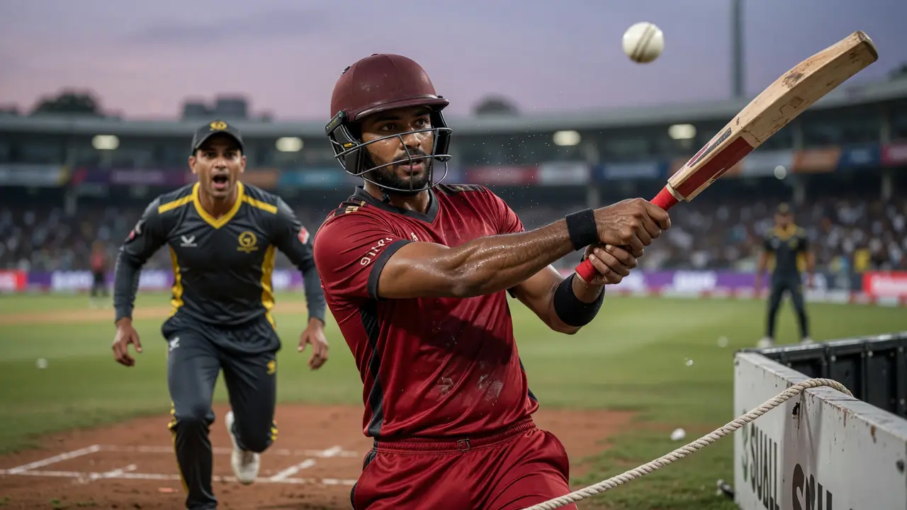 Batter driving through the off side under floodlights during a short-format powerplay