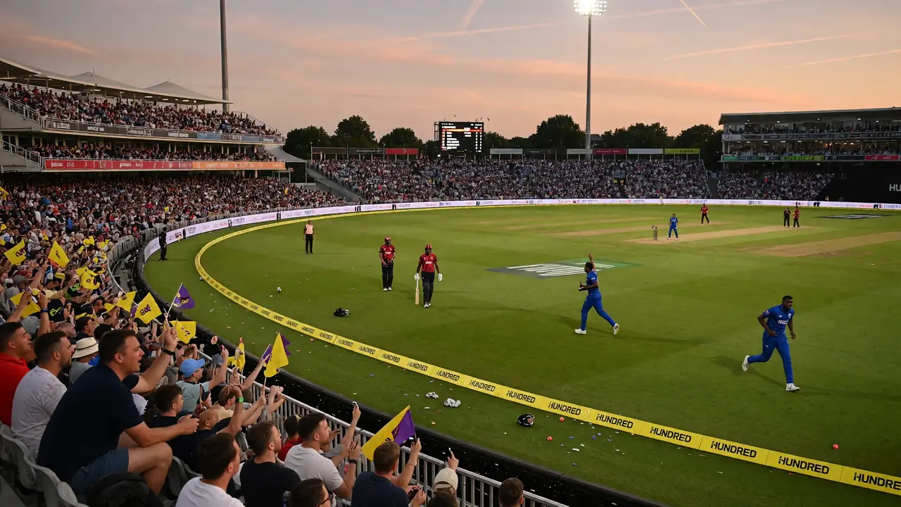Wide evening view of Trent Bridge with floodlights and a packed crowd ahead of a Hundred match