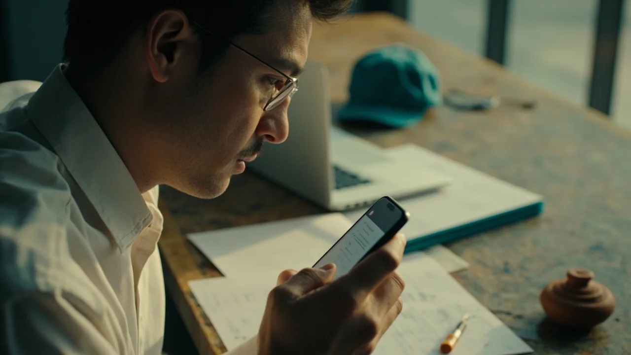 A user inspects a smartphone beside a laptop and a handwritten verification checklist