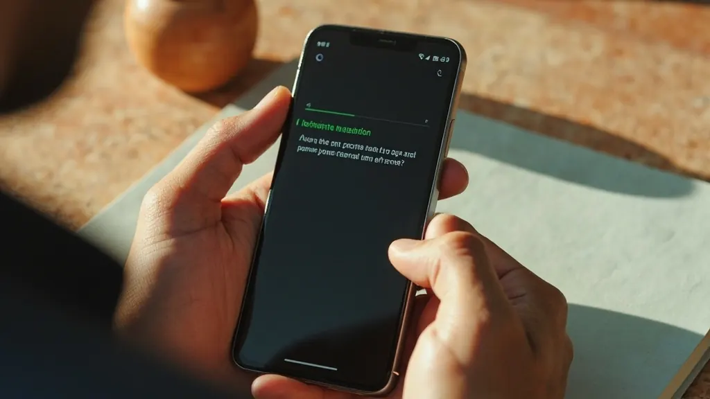 A user inspects a smartphone beside a laptop and a handwritten verification checklist