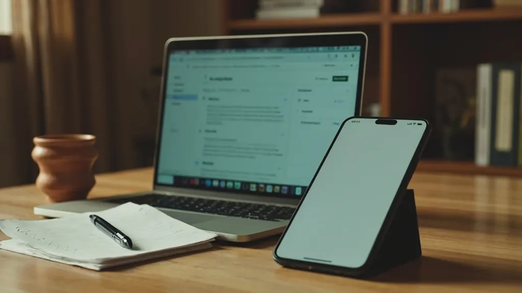 A user inspects a smartphone beside a laptop and a handwritten verification checklist