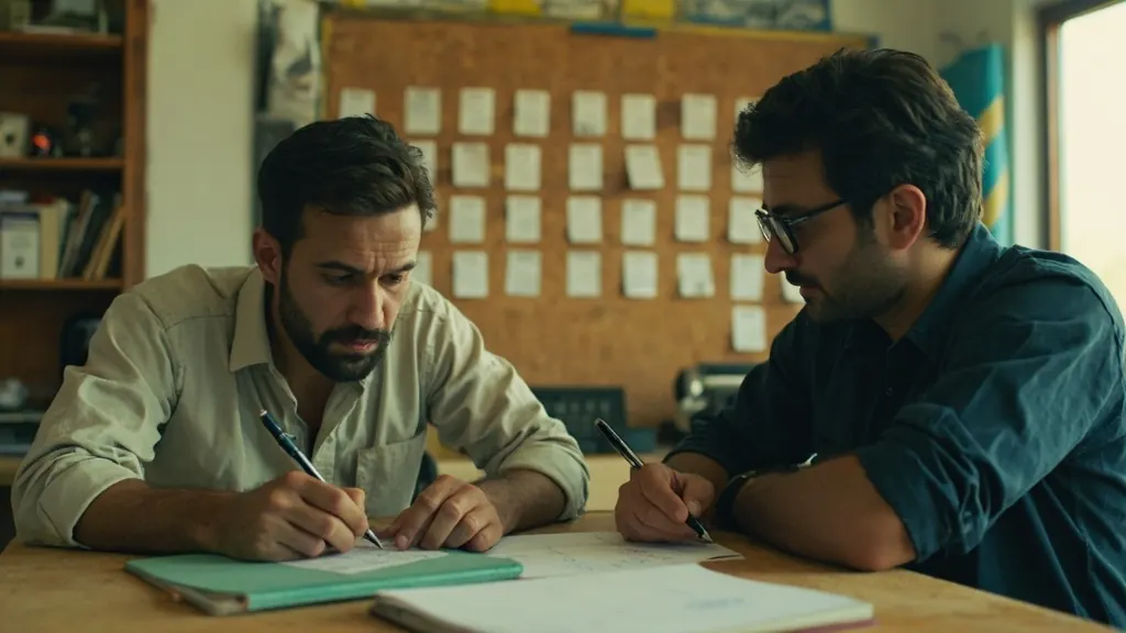 Two analysts comparing player form using printed statistical sheets and colored marker tokens in a modest analysis room