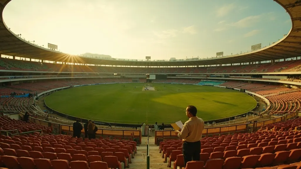 A fantasy-cricket analyst studies handwritten team notes with an open tablet at an Indian cricket stadium