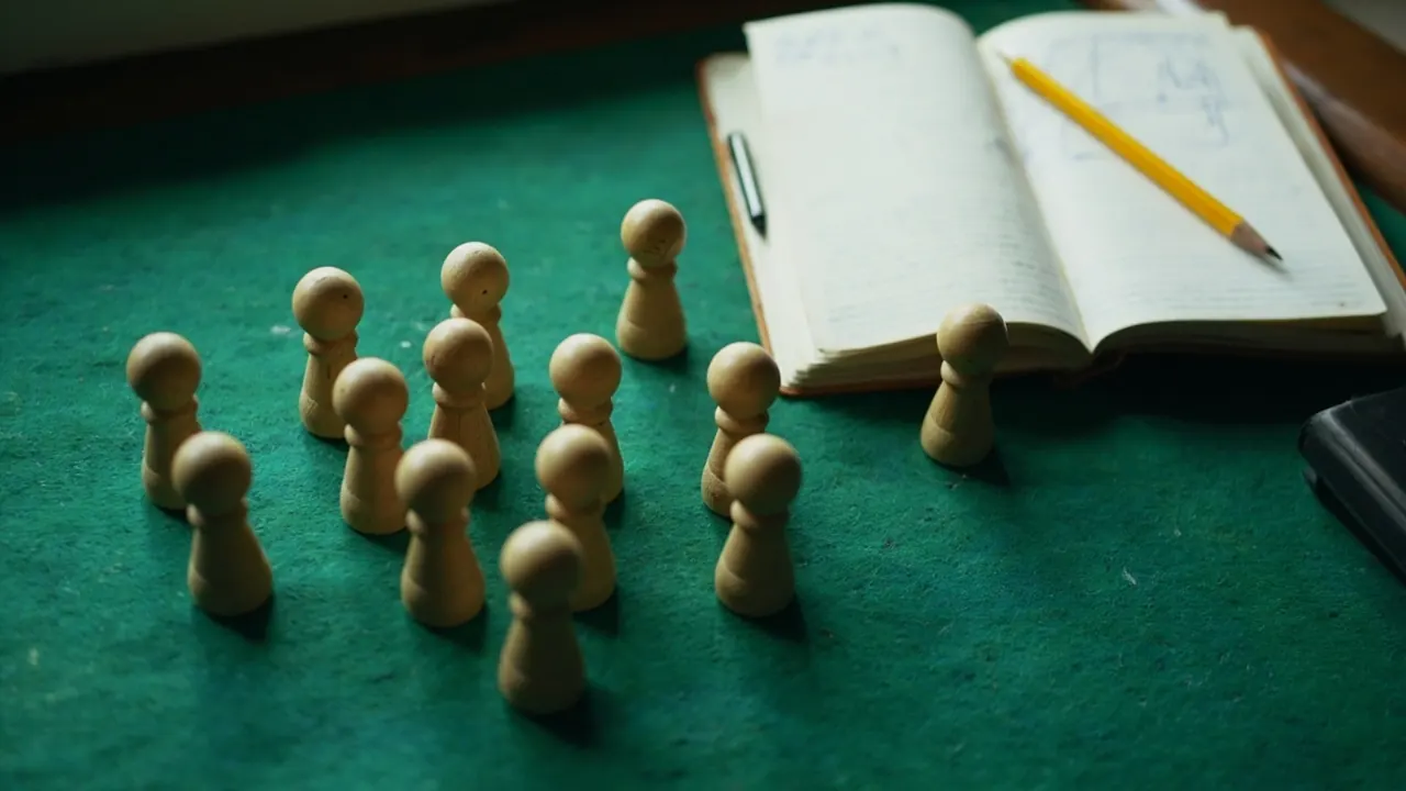 A fantasy-cricket enthusiast arranges eleven wooden player markers on a tabletop beside a notebook
