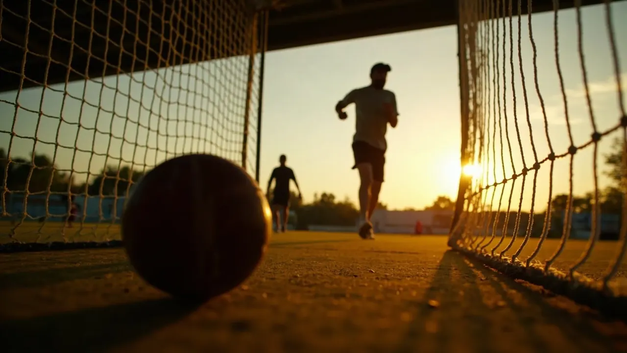 A fast bowler delivers a yorker to a batter in a practice net while a coach watches
