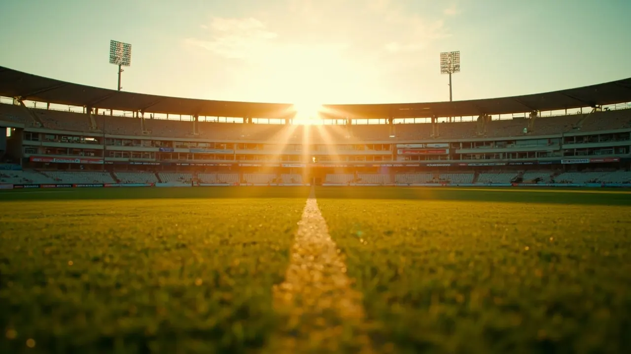A groundskeeper examines the central pitch as analysts observe boundary dimensions at an Indian cricket stadium